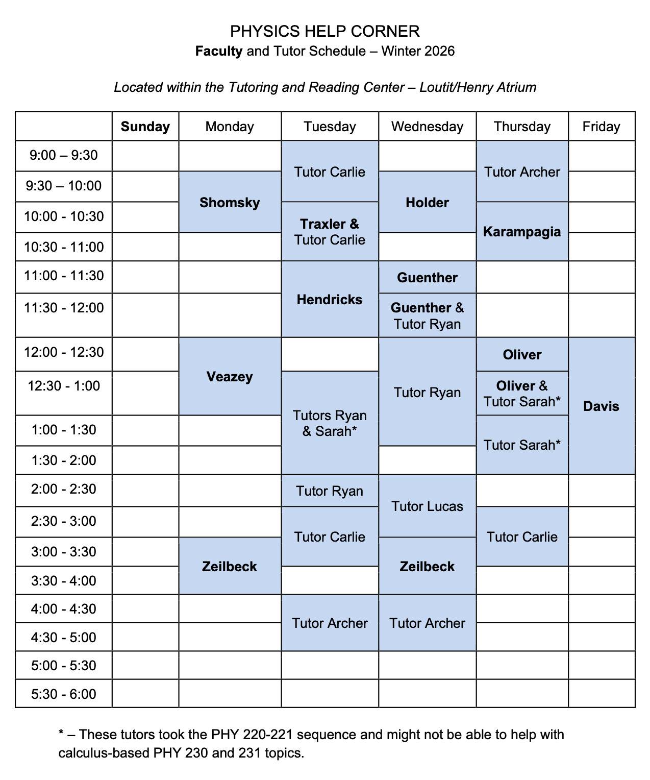 W2026 weekly schedule for the Physics Help Corner